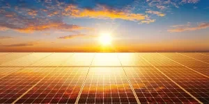 close- up of solar panels reflect sparkling light from the sun