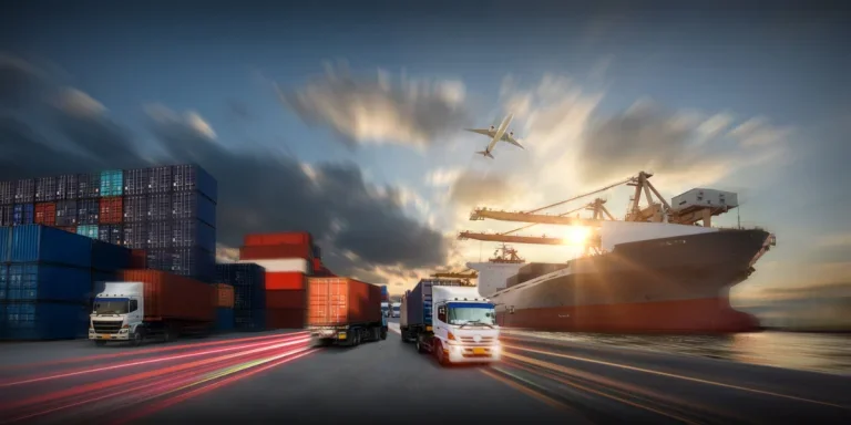 Container truck in ship port for business Logistics