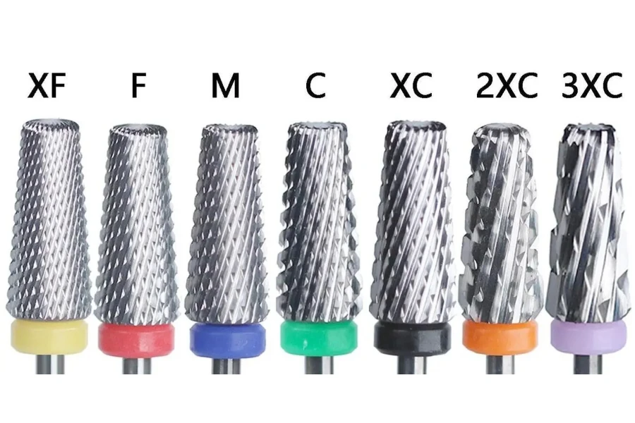 Different nail drill bits with color codes
