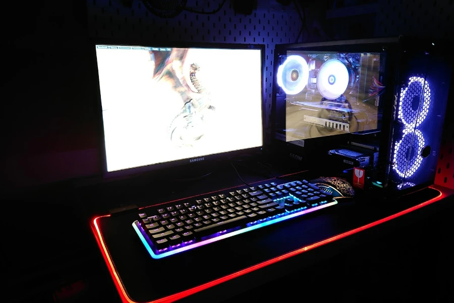 Gaming computer set up with a light-up keyboard