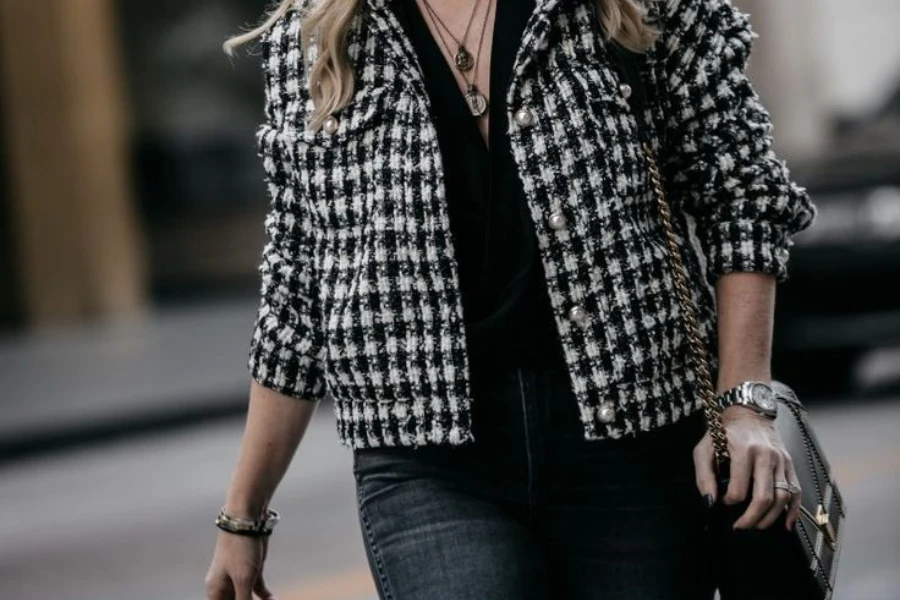 Lady looking fantastic in a tweed blazer