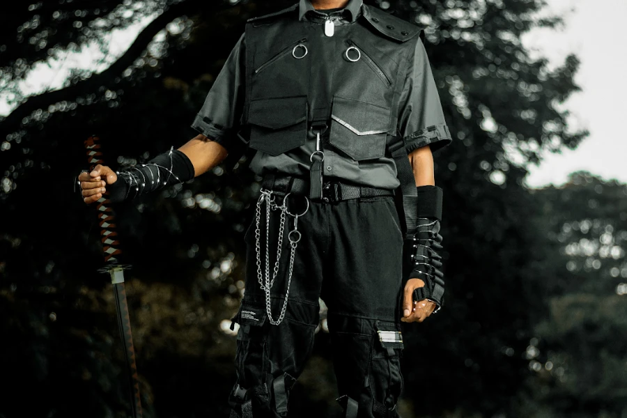 Man rocking a goth ninja cyberpunk techwear outfit
