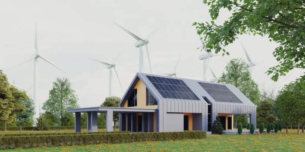 modern eco house with solar panels and windmills to use alternative energy