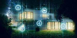 modern house with smart home automation icons overlaid