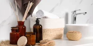 neatly arranged bathroom products on table