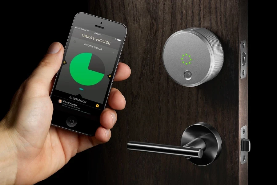 Person using phone to to unlock wireless smart lock