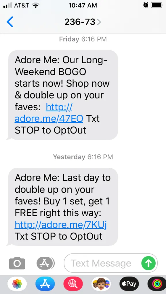promotional sms sent by adore me