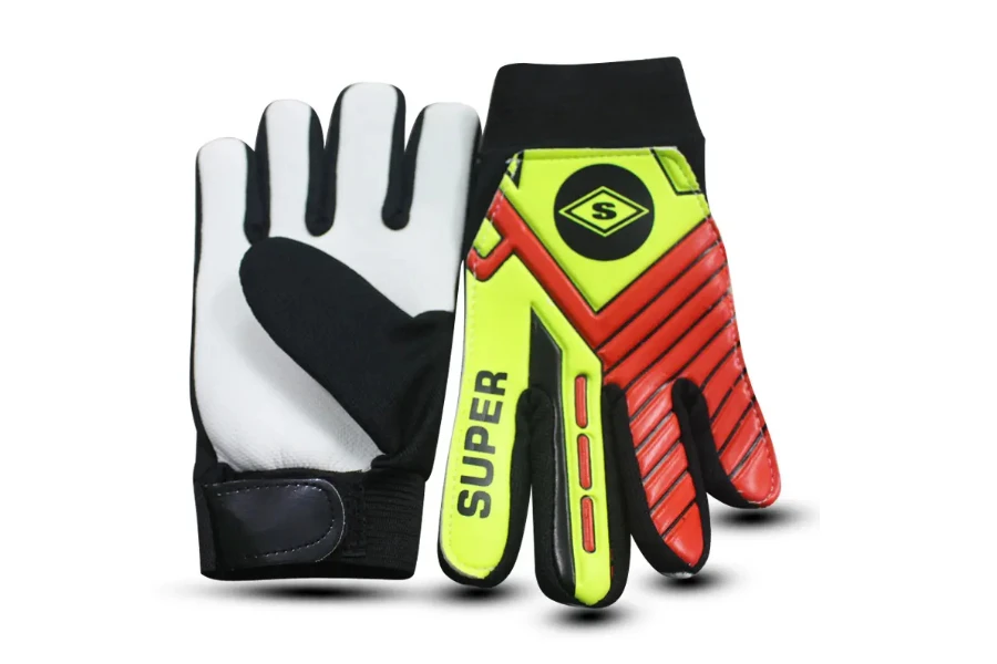 Red and yellow finger save gloves with white palm
