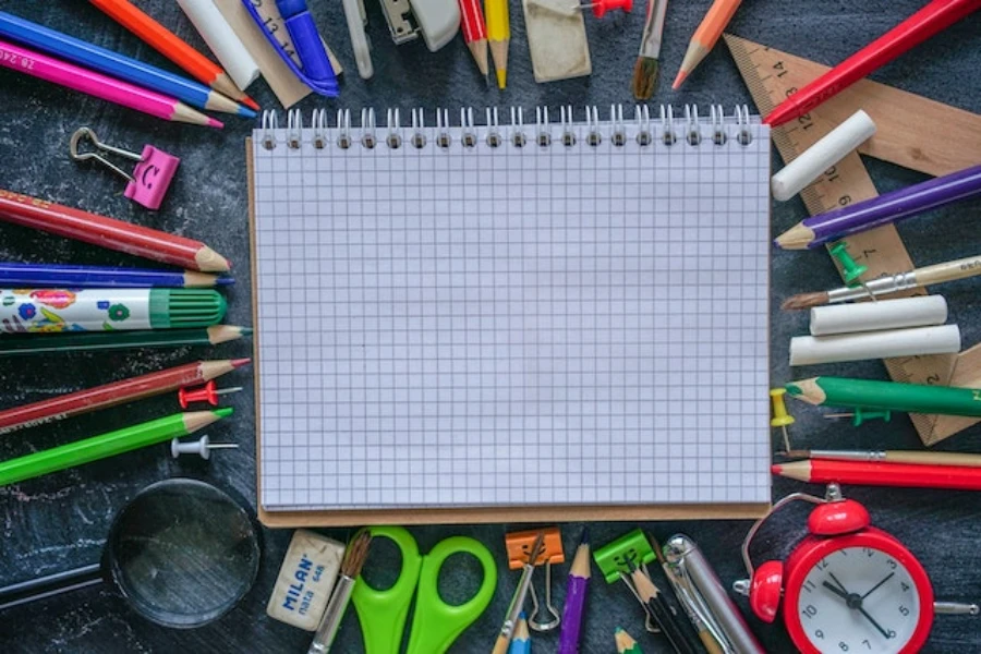 Школьные канцелярские принадлежности, включая блокнот, ручки, булавки, скотч.