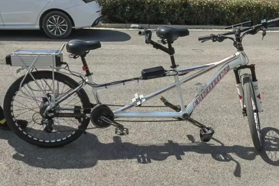 Silver electric tandem bike with small motor on frame