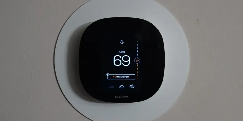 Thermostat intelligent affichant la température actuelle et le programme intelligent