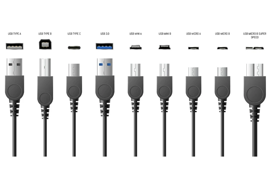 usb, a, b and type c plugs