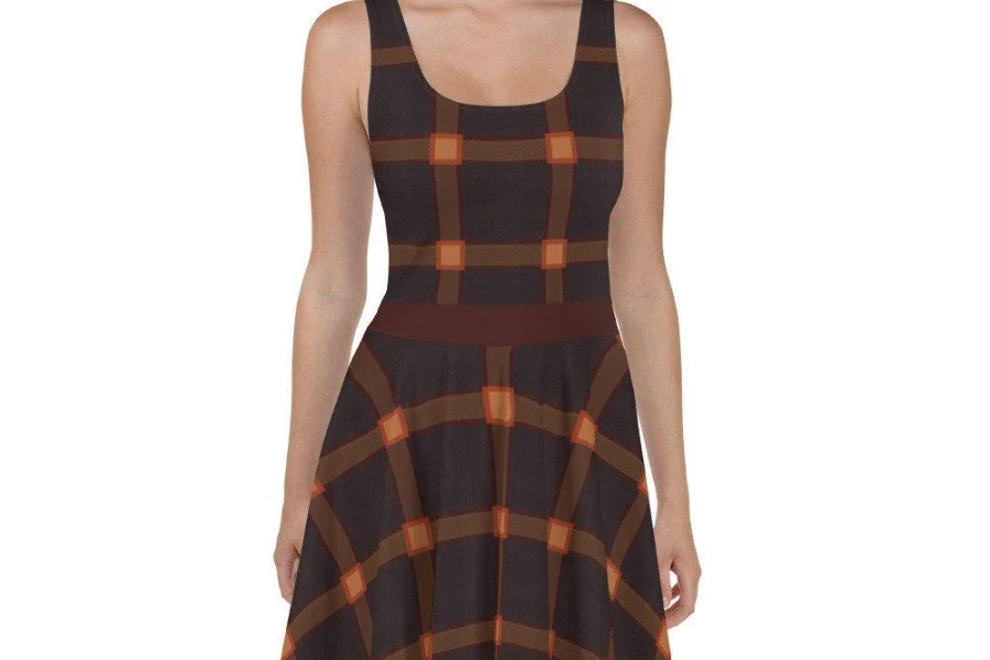 Woman dressed in a dark-colored plaid skater dress