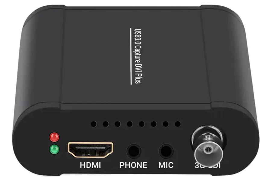 A black capture card on a white background