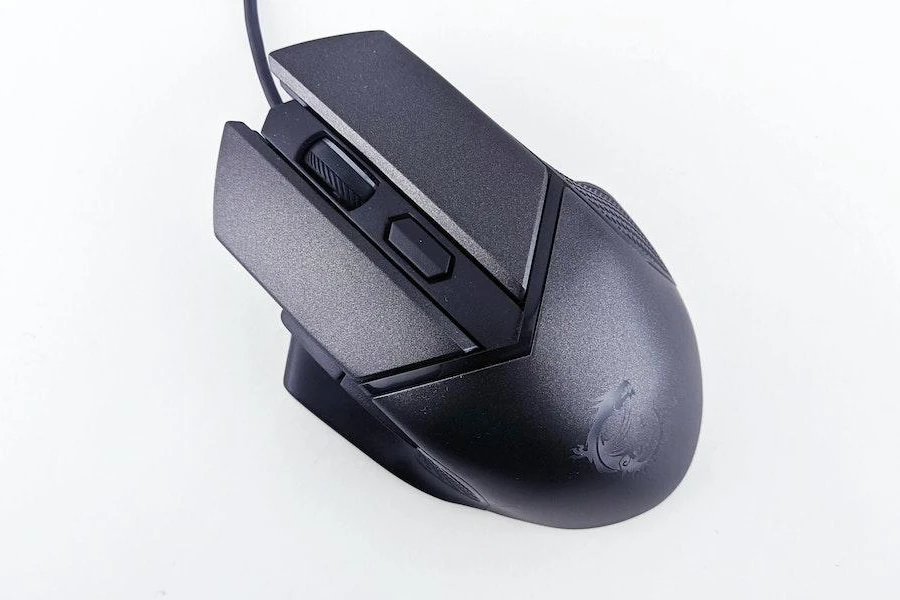 A black wired gaming mouse with an ergonomic design