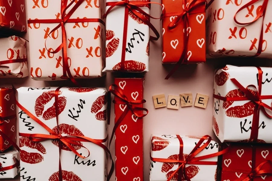 A close-up of wrapped Valentine's Day presents