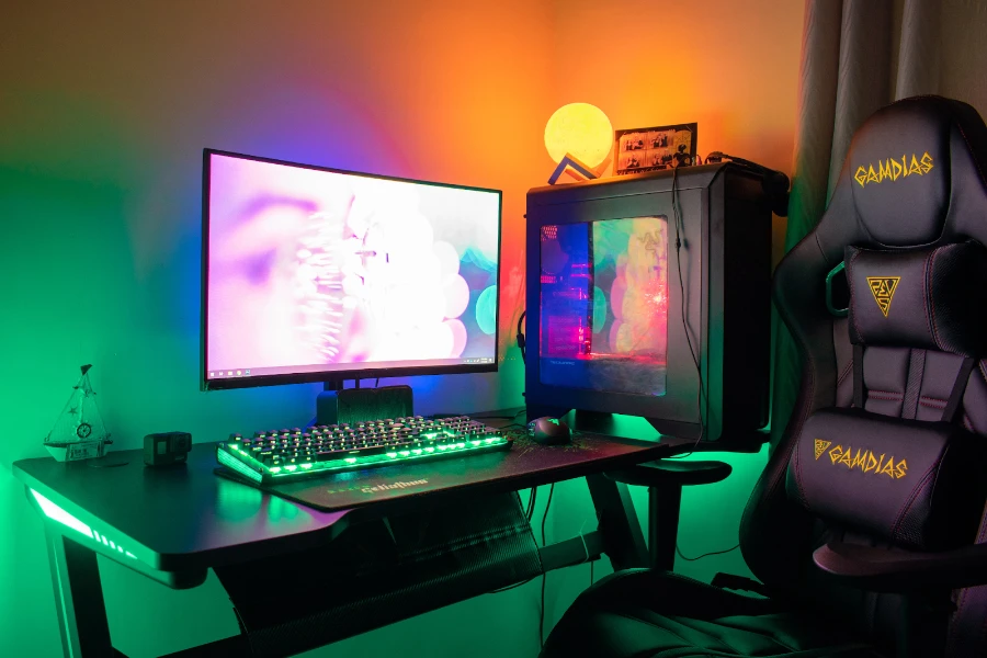 A complete gaming PC setup with fancy lighting