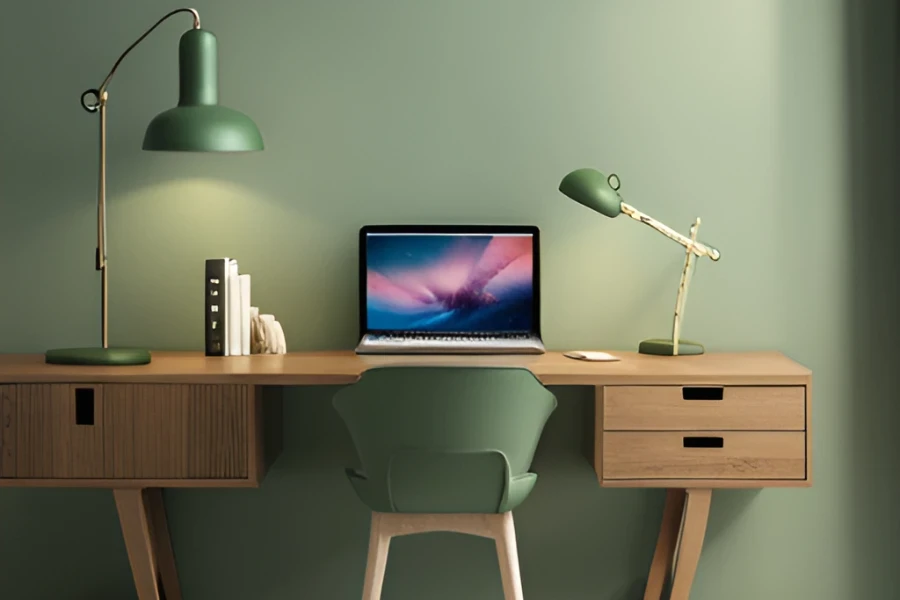 A corner office desk with a laptop and two adjustable lamps