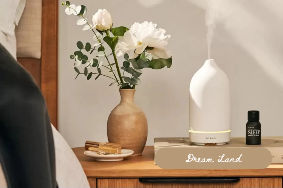 A home office table with aromatherapy diffuser