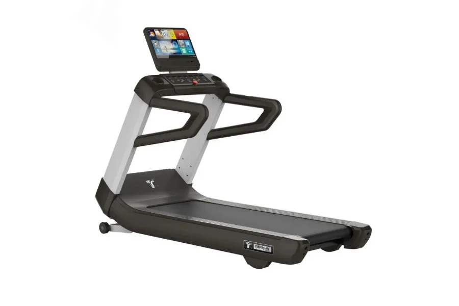 A smart treadmill with a screen on a white background