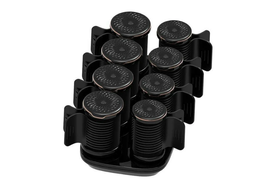A tray of magnetic hair rollers