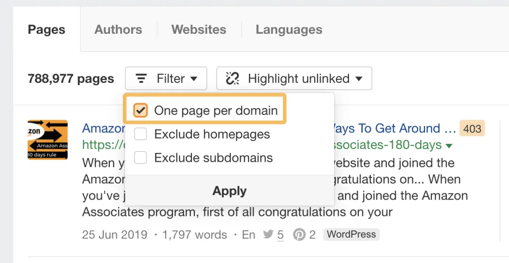 ahrefs' "one page per domain" filter in content explorer