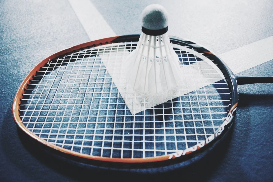 badminton racket sitting on black court with white shuttlecock