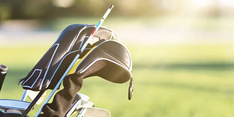 Bag with golf clubs covered in the sunshine