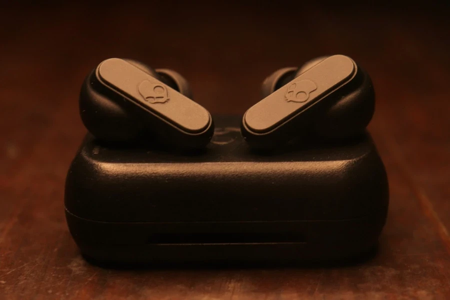 Black earbuds resting on their casing