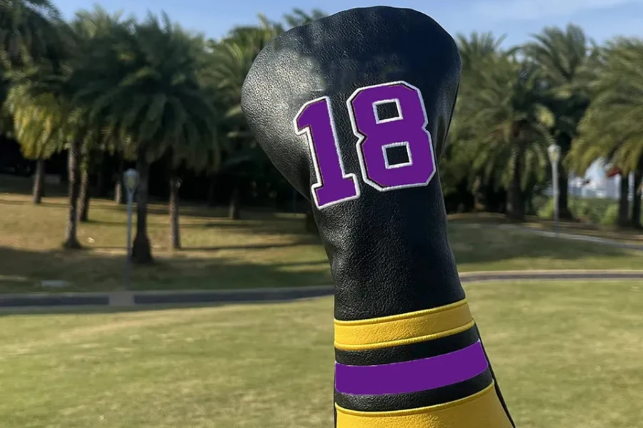 Black leather golf club head cover with purple number