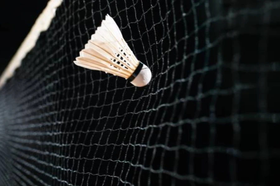 Feather shuttlecock being hit into a black net