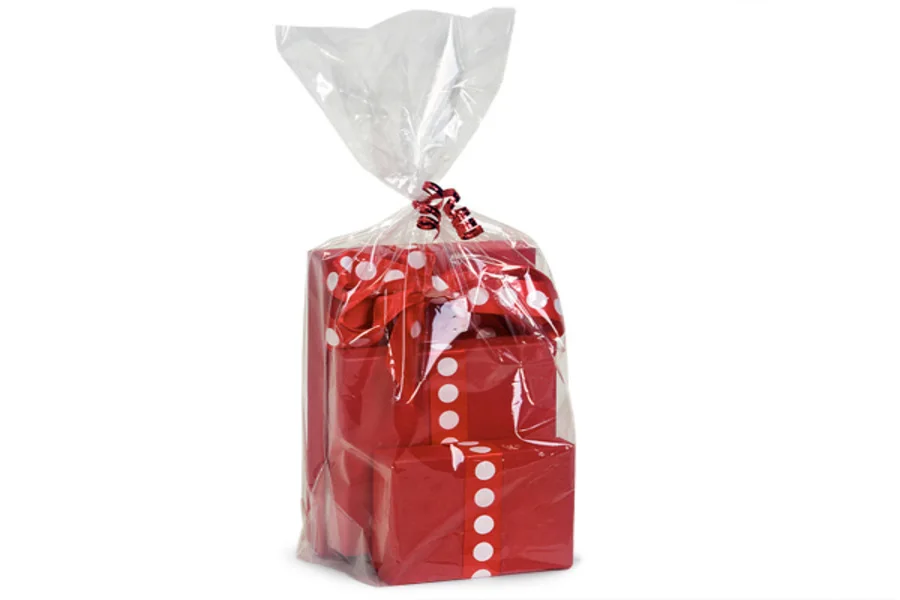 Gift boxes wrapped in a clear cellophane bag