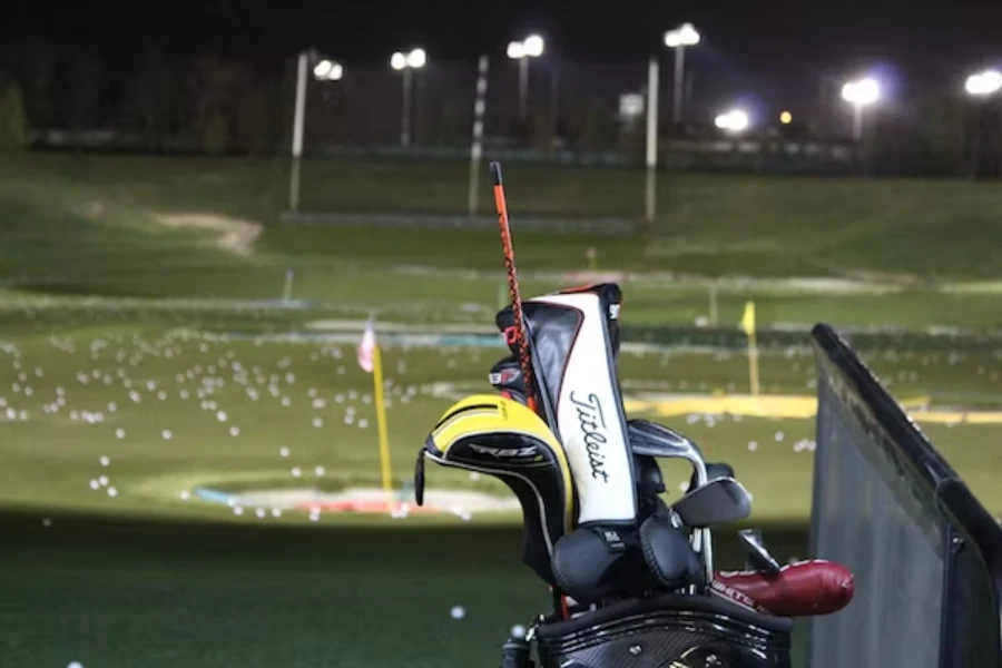 Golf bag with clubs sitting next to driving range