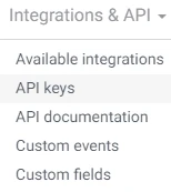 integrações e API nas configurações da loja