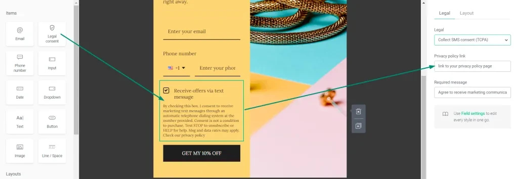 legal consent block in omnisend email builder