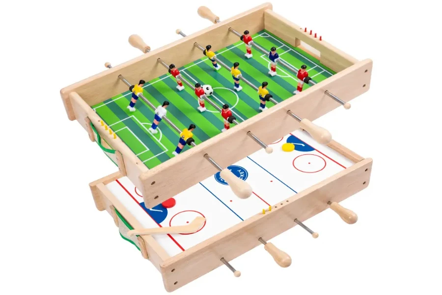 Combinação de mesa de pebolim e air hockey em madeira clara
