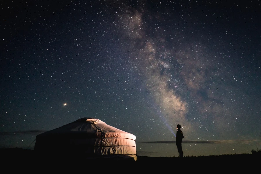 Man standing outside traditional yurt tent under stars
