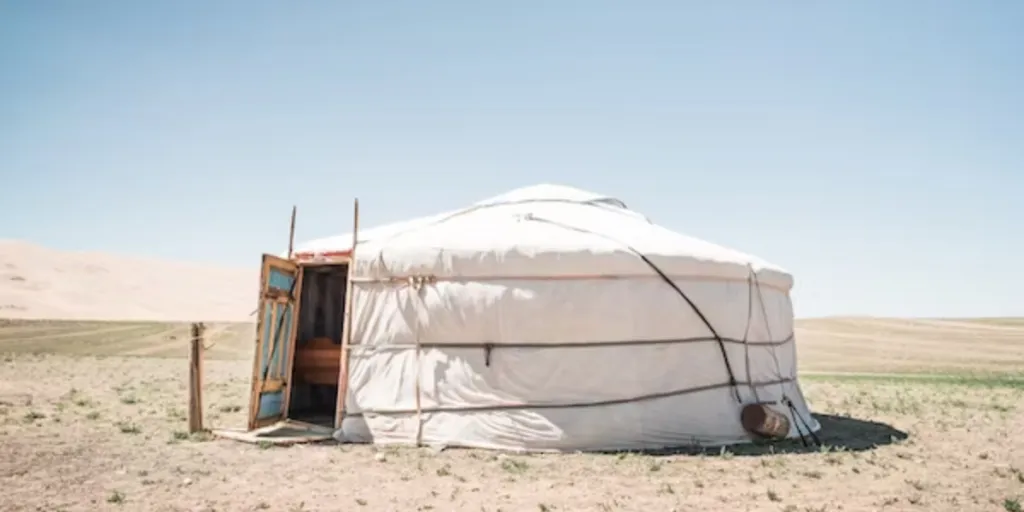 Mongolian style yurt tent in the middle of a field