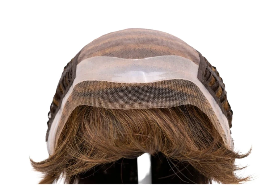 Topi wig depan berenda mono-top dijahit ke wig coklat