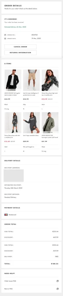 page de confirmation de commande par asos