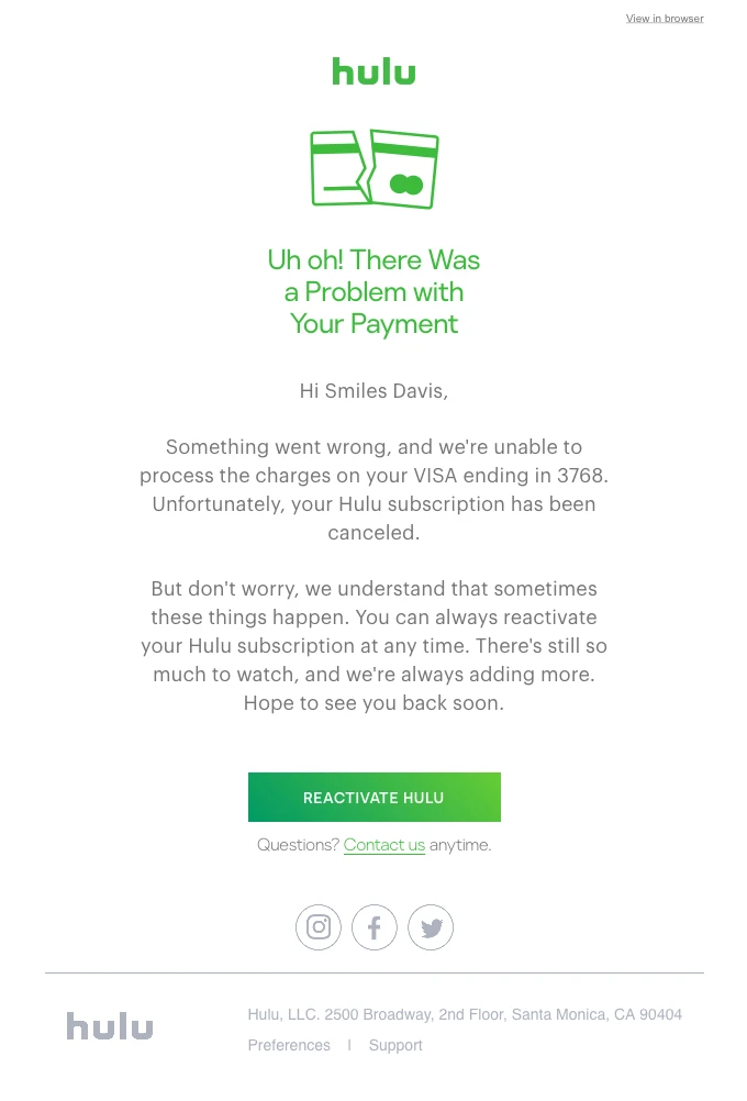 e-mail sobre problemas de pagamento