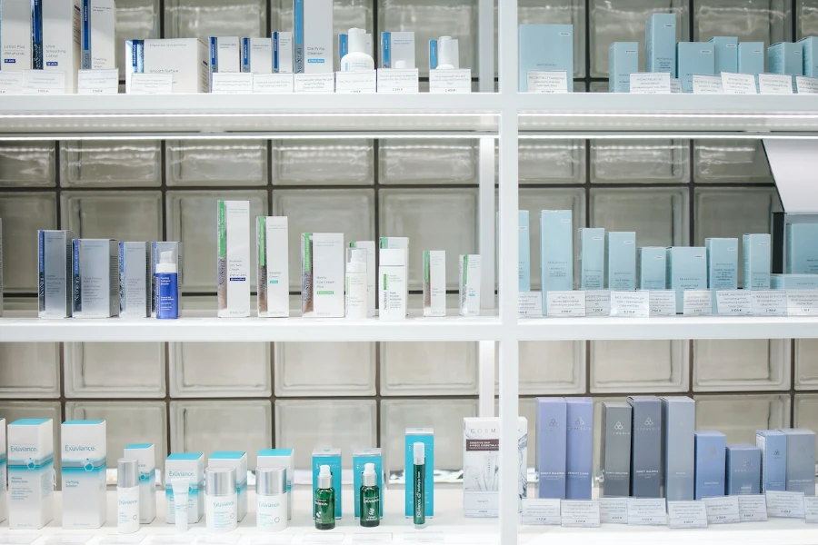 Range of beauty products on shelves