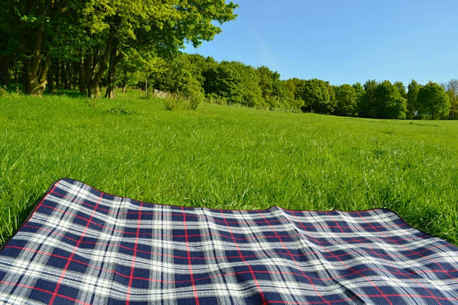 Tartan foldable picnic blanket set on lush green grass