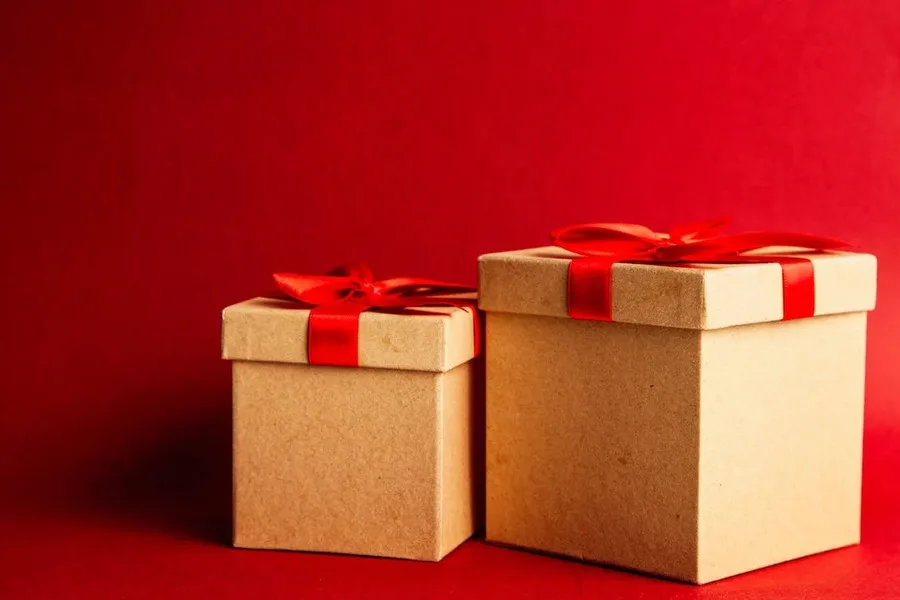 Two gift boxes wrapped in red ribbons