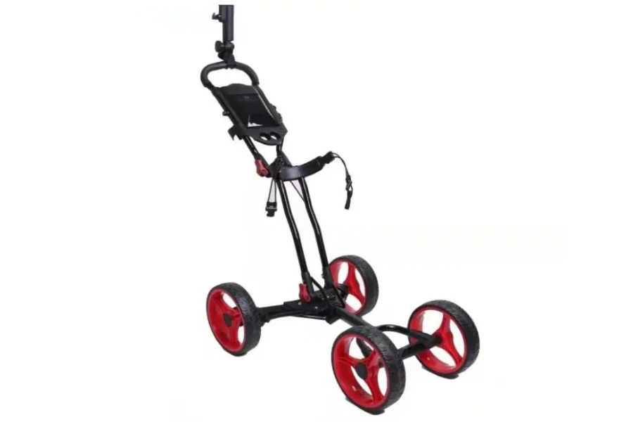 4 wheel golf cart in black with red wheel frames