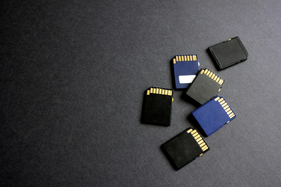 Group of MicroSD cards over a black background