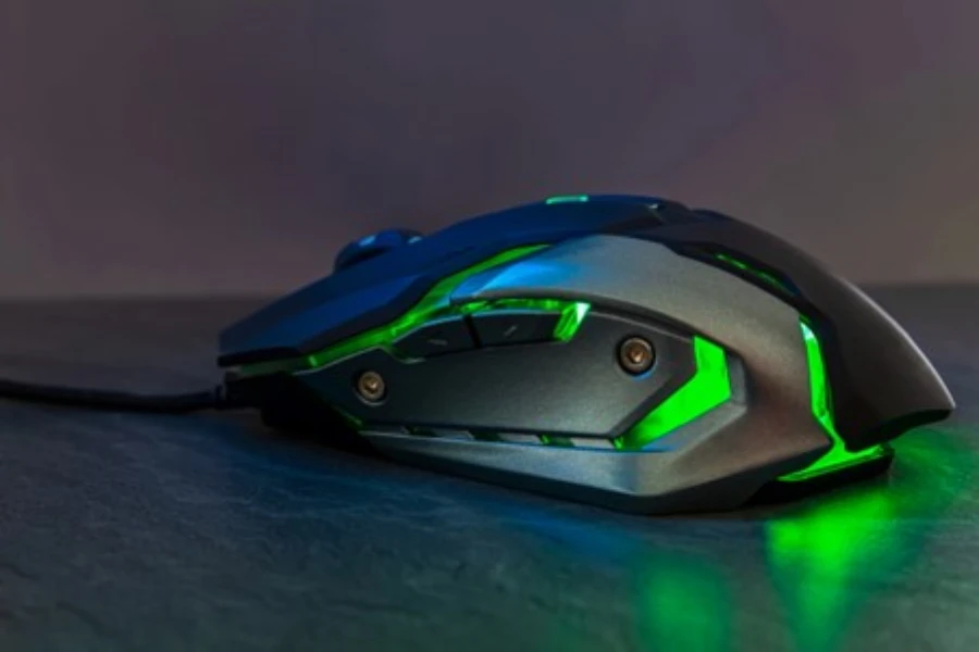 a Green gaming mouse on stone texture table