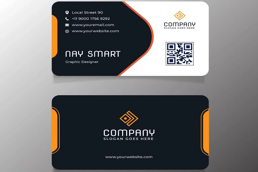 A black and orange business card with QR code