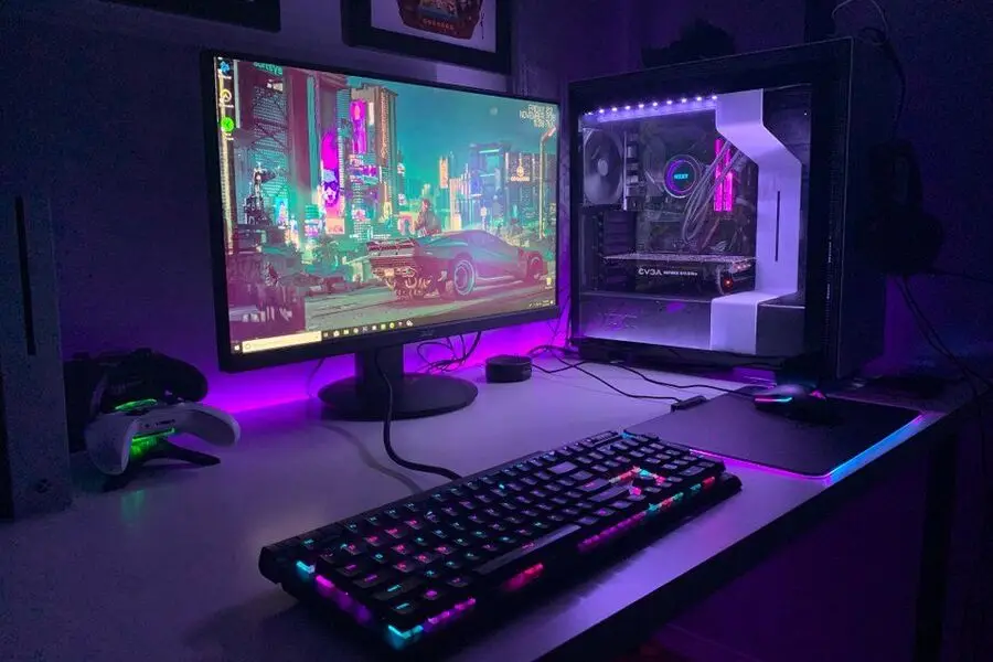 a complete gaming setup with a PC and graphics card