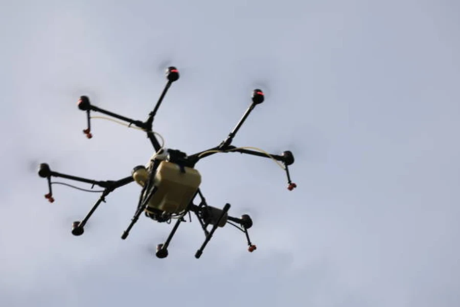 A drone sprayer in flight